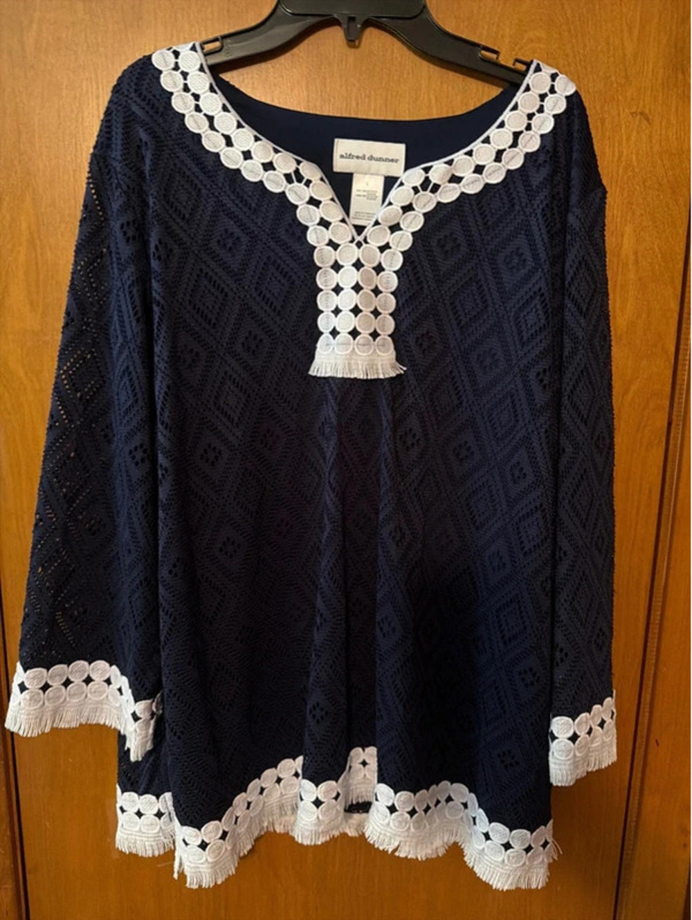 Alfred Dunner Navy Blue Crochet Lace Tunic White Fringe Trim Boho 3/4 Sleeve